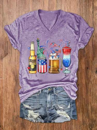 Women's 4th Of July American Drinks Print V-Neck T-Shirt