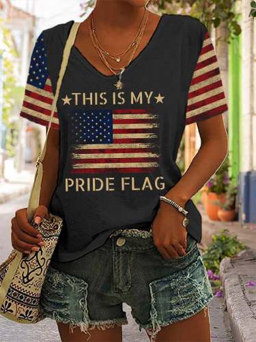 Women's Independence Day This Is My Pride Flag Casual V-Neck Tee