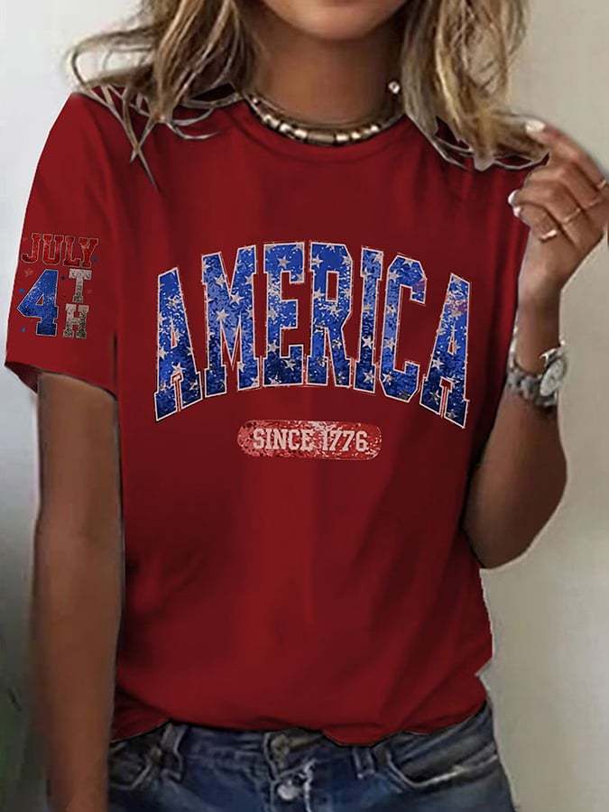 Women's (4th of July Artificial Glitter) Independence Day Printed Casual T-Shirt