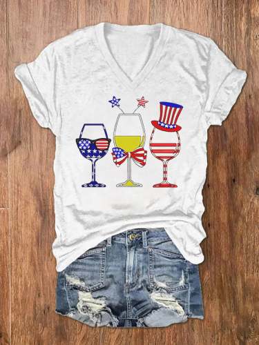 Women's USA Independence Day Printed V-Neck T-Shirt