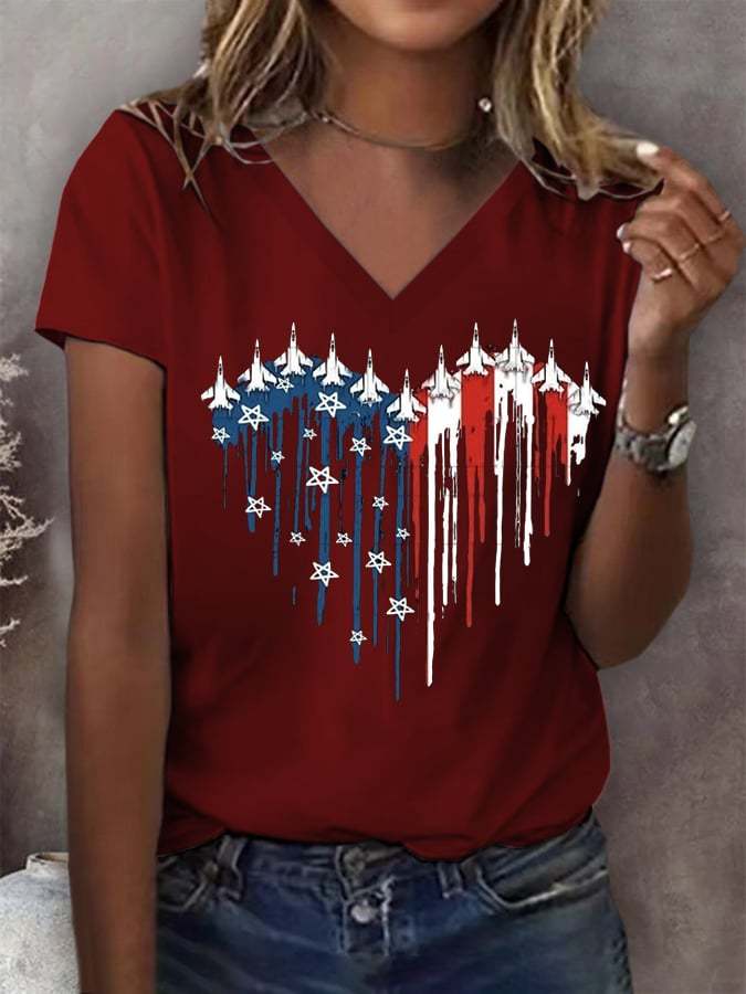 Women's Flag Independence Day V-Neck Printed T-Shirt