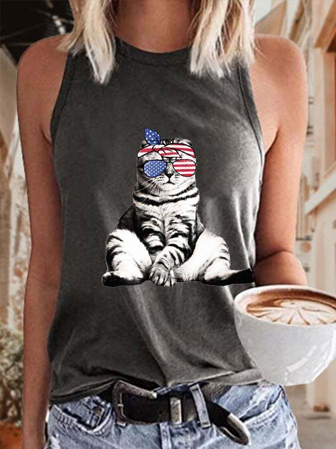 Women's Independence Day Cat Print Tank Top