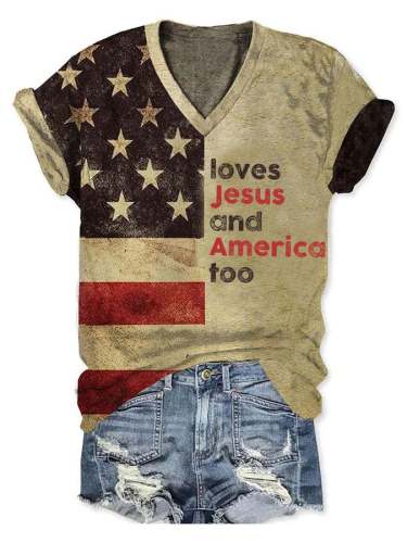 Women's Independence Day Love Jesus And America Too Print T-Shirt