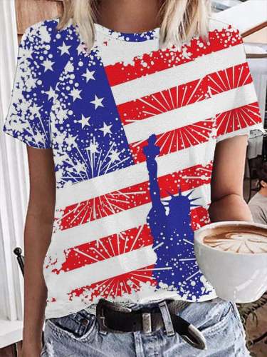 American Independence Day Flag Print Round Neck Short Sleeve T-Shirt