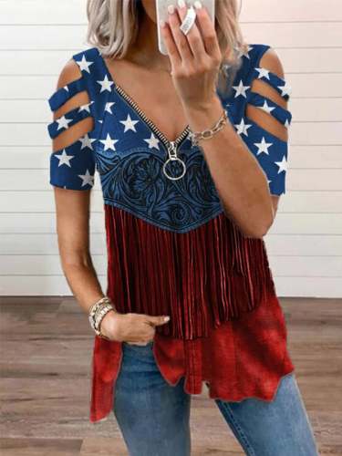 Women's American Flag Pattern Floral Tassel Art Print V-Neck Casual T-Shirt