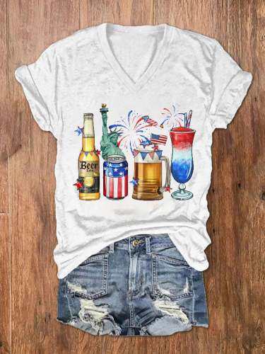 Women's 4th Of July American Drinks Print V-Neck T-Shirt