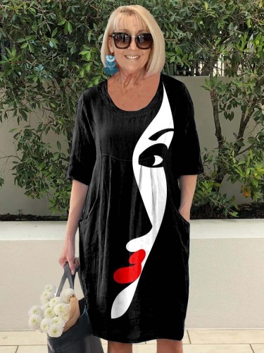 Retro Art Woman Face Print Casual Pocket Midi Dress