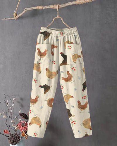 Women's Farm Chicken Print Loose Cropped Casual Pants