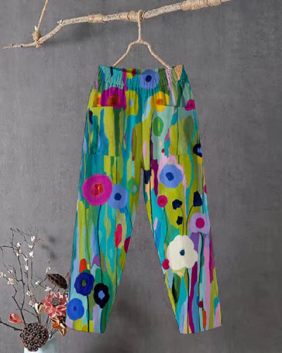 Retro Colorful Floral Print Loose Cropped Casual Pants