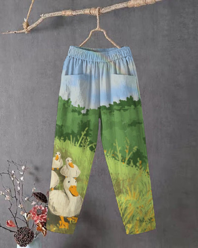 Women's Farm Duck Print Loose Cropped Casual Pants