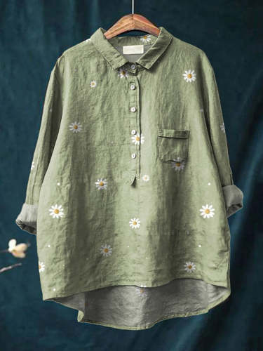 Simple Daisy Field Pattern Printed Women's Casual Cotton And Linen Shirt