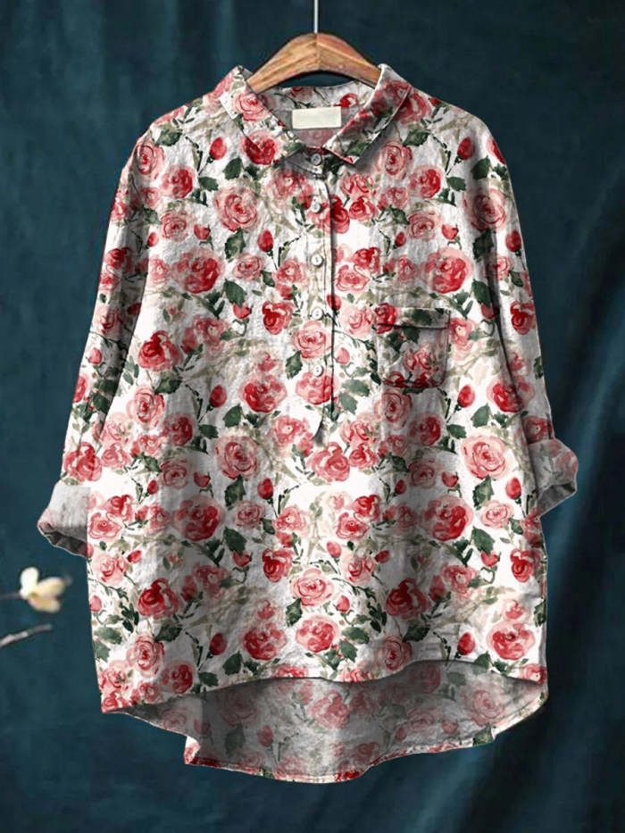 Watercolor Red Rose Pattern Printed Women's Casual Cotton And Linen Shirt