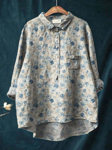 Vintage Blue Rose Repeat Pattern Printed Women's Casual Cotton And Linen Shirt