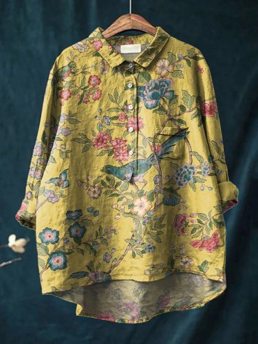 Women's Vintage Floral Birds Art Print Casual Cotton And Linen Shirt