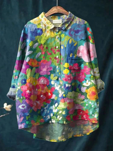 Women's Vintage Lovely Floral Art Print Casual Cotton And Linen Shirt