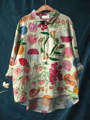 Women's Vintage Fruit Art Print Casual Cotton And Linen Shirt