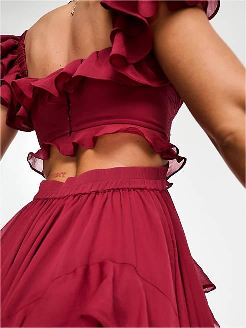 Flutter Sleeve Ruched Corset Detail Tiered Midi Dress In Berry