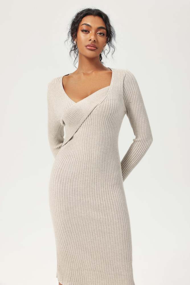Long Sleeve Knit Midi Dress Grey
