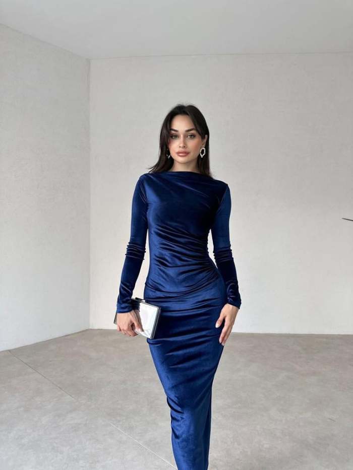 Long-Sleeve Velvet Midi Dress