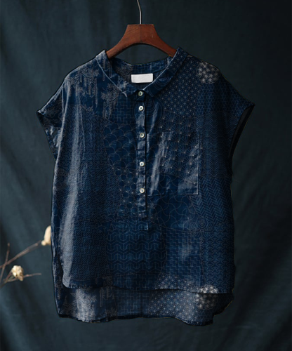 Vintage Sashiko Printed Cotton and Linen Casual Shirt