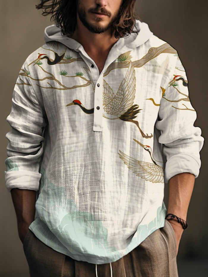 Men's Japanese Crane Art Linen Hooded Long Sleeve Shirt
