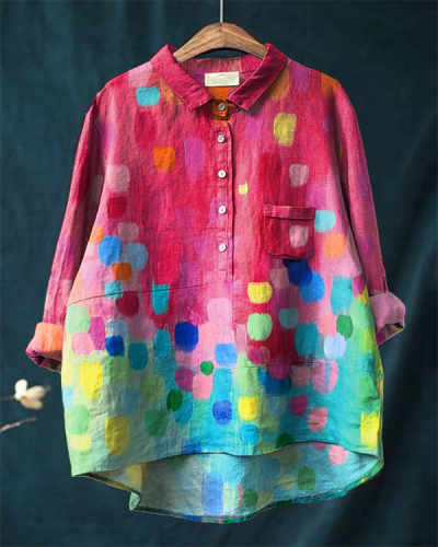 Vintage Colorful Art Print Casual Cotton and Linen Shirt