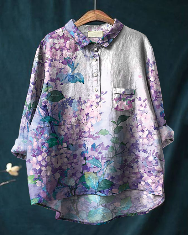 Women's Retro Floral Print Casual Cotton and Linen Shirt