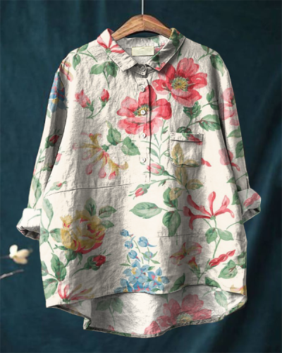 Vintage Floral Print Casual Cotton and Linen Shirt