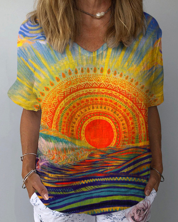 Retro Art Print Hippie Short Sleeve Top