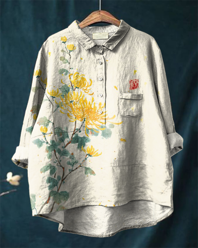 Japanese Chrysanthemum Art Print Casual Cotton and Linen Shirt