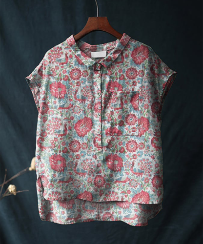 Vintage Floral Print Cotton and Linen Short-sleeved Casual Shirt