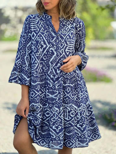 V-Neck Flare Sleeve Pattern Print Summer Dress