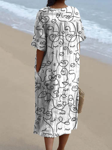 Women's Simple Face Print Print Pocket Linen Dress（Convertible Dress With Front And Back Option）