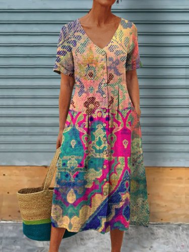 Women's Vintage Ethnic Floral Art Print Linen Pocket Tunic Dress