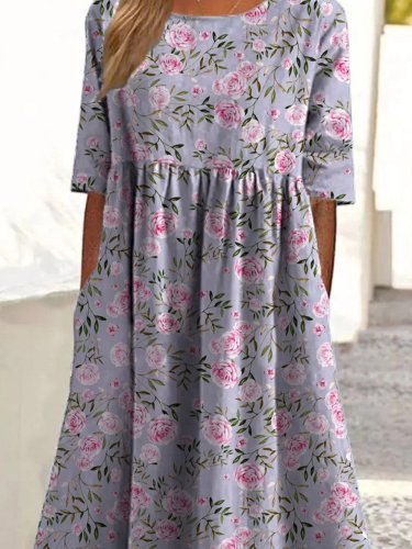 Elegant Pink French Rose Pattern Printed Women's Pocket Cotton Dress