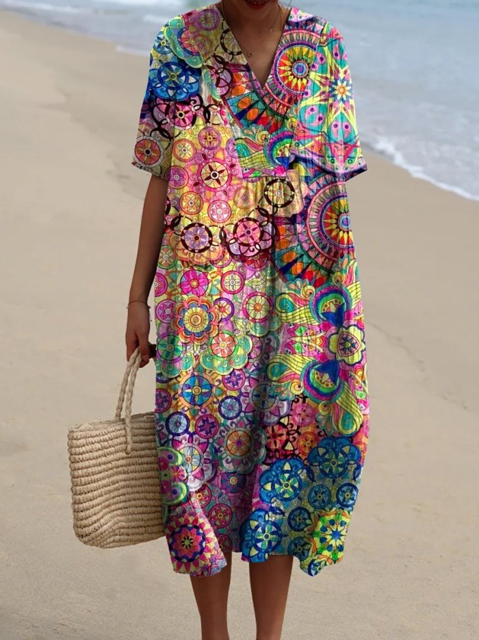 Women's Ethnic Print Pocket Linen Dress