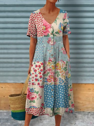 Women's Retro Floral Art Pattern Print Casual Linen Pocket Tunic Dress