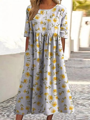 Lovely Daffodil Floral Pattern Printed Women's Pocket Cotton Dress