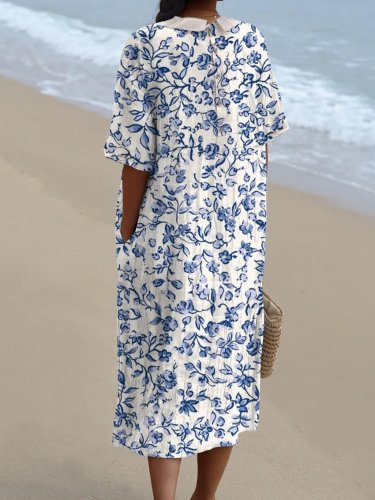 Women's Simple Small Blue Flowers Print Pocket Linen Dress（Convertible Dress With Front And Back Option）