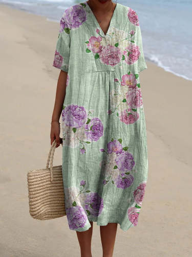 Women's Purple Floral Pattern Beach Resort Dress