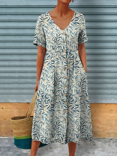 Women's Vintage Floral Art Print Linen Pocket Tunic Dress