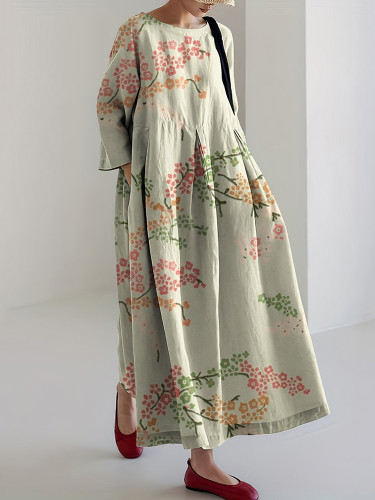 Japanese Art Flower Print Loose Casual Midi Dress