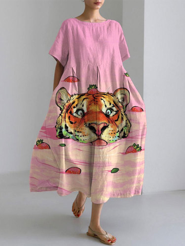 Japanese Art Pink Strawberry Tiger Print Dress