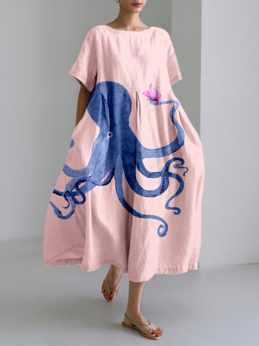 Blue Octopus and Butterfly Art Linen Blend Maxi Dress