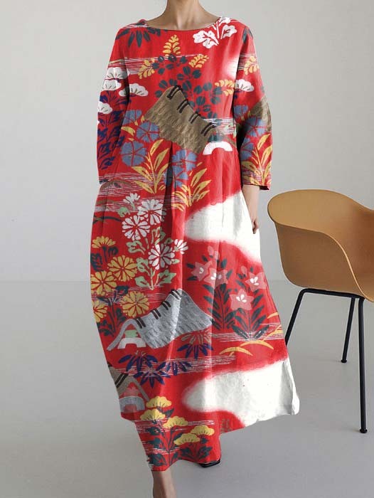 Japanese Floral Print Round Neck Long Sleeve Dress