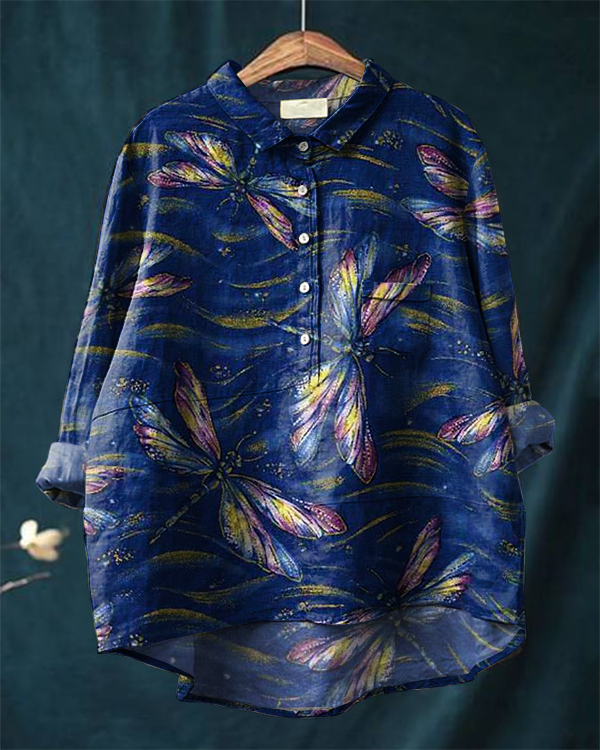 Dragonfly Art Print Cotton and Linen Long Sleeve Shirt