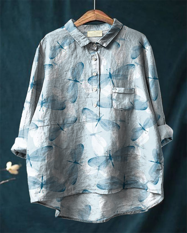 Dragonfly Art Print Cotton and Linen Long Sleeve Shirt