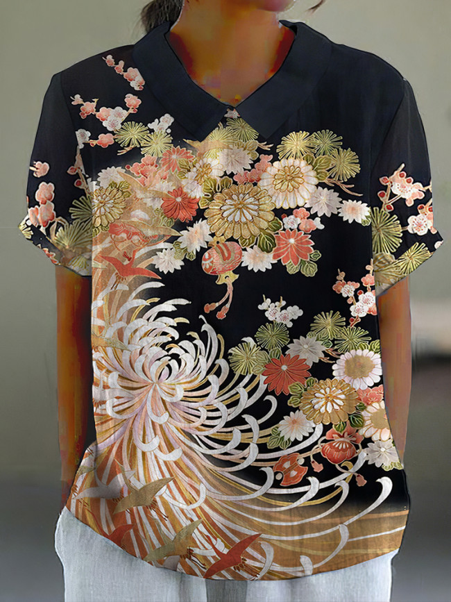 Japanese Art Chrysanthemum Print Lapel Loose Blouse