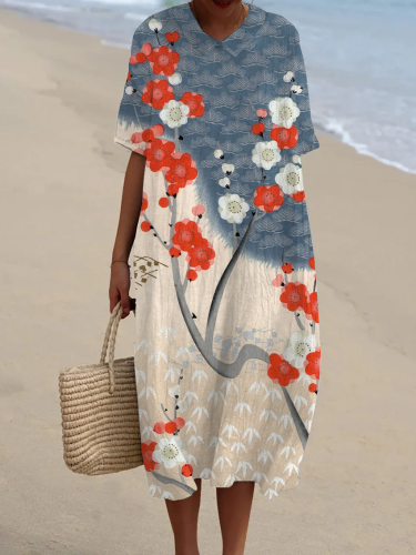 Japanese Floral Print Women's Lapel Pocket Short Sleeve Dress