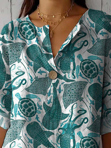 Vibrant Sea Creatures Pattern Printed Women's Casual Cotton Linen Shirt
